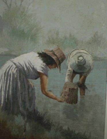 1960s Italian oil of oyster pickers (?) signed G Tugnoli (paper on reverse)